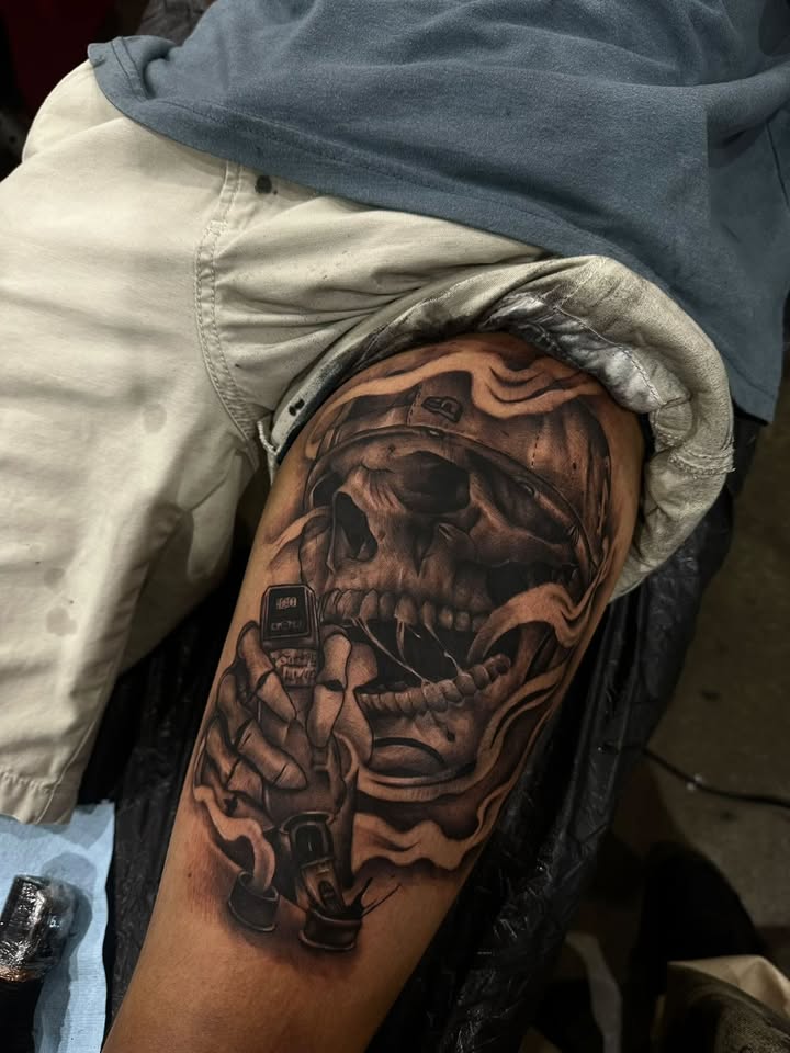 Skull Tagger — Bicep / Chicano tattoo by Clavo