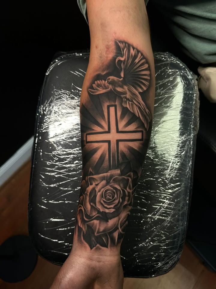 Cross & Dove — Forearm / Religious tattoo by Clavo