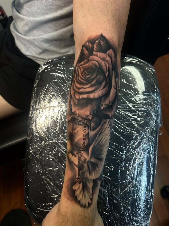 Rose & Dove Memorial — Forearm / Realism tattoo by Clavo